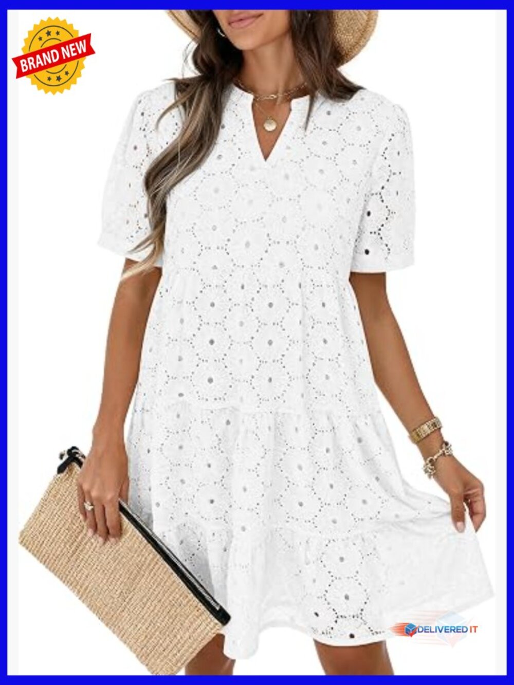 V Neck Lace Eyelet Swing Babydoll Tunic Dress Summer Casual